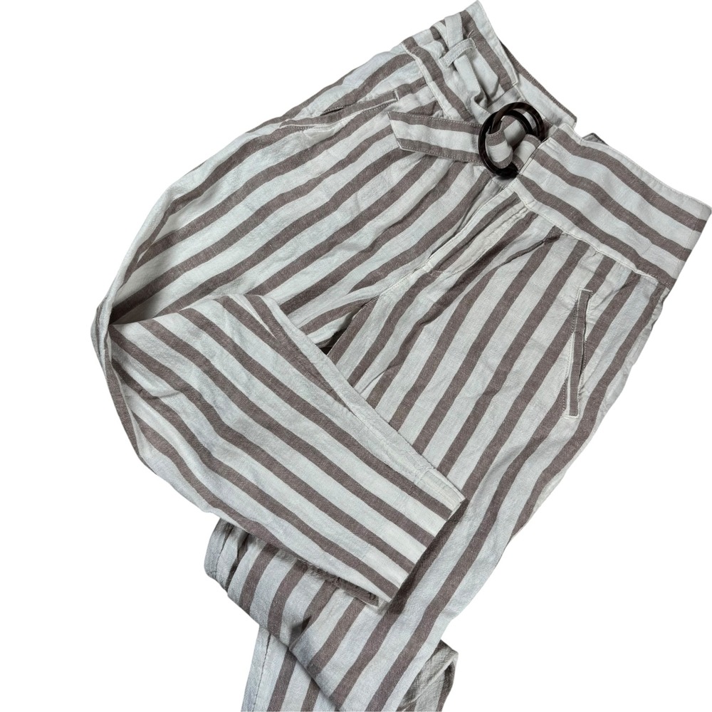 Anthropologie Tapered Pants Womens 0P Brown White Striped Belted Linen Blend